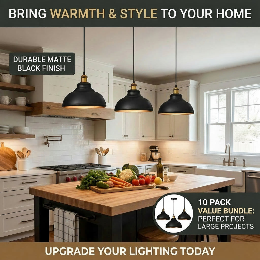 Three matte black pendant lights with adjustable 95cm cords and brass accents hanging in a modern kitchen. Text overlays highlight product features like durable matte black finish, adjustable cord, elegant brass accent, UL listed for safety, and 10 pack value bundle.