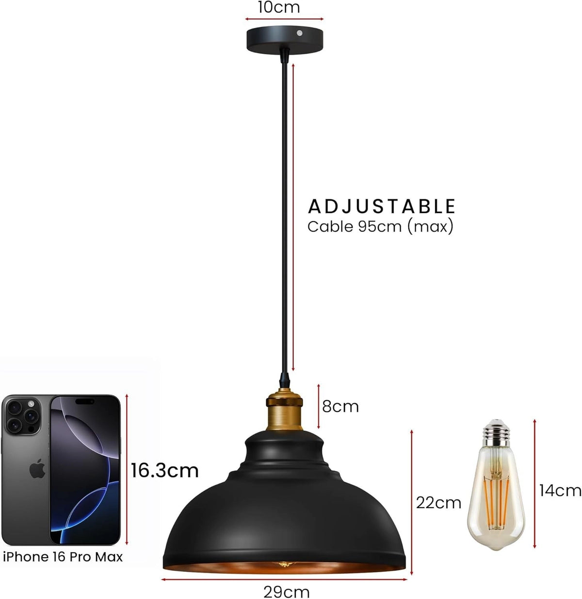 Black pendant light fixture with adjustable 95cm cable, 10cm ceiling canopy, bronze neck, and copper-toned interior shade, shown with dimension labels and size comparisons including an iPhone 16 Pro Max and an Edison bulb.