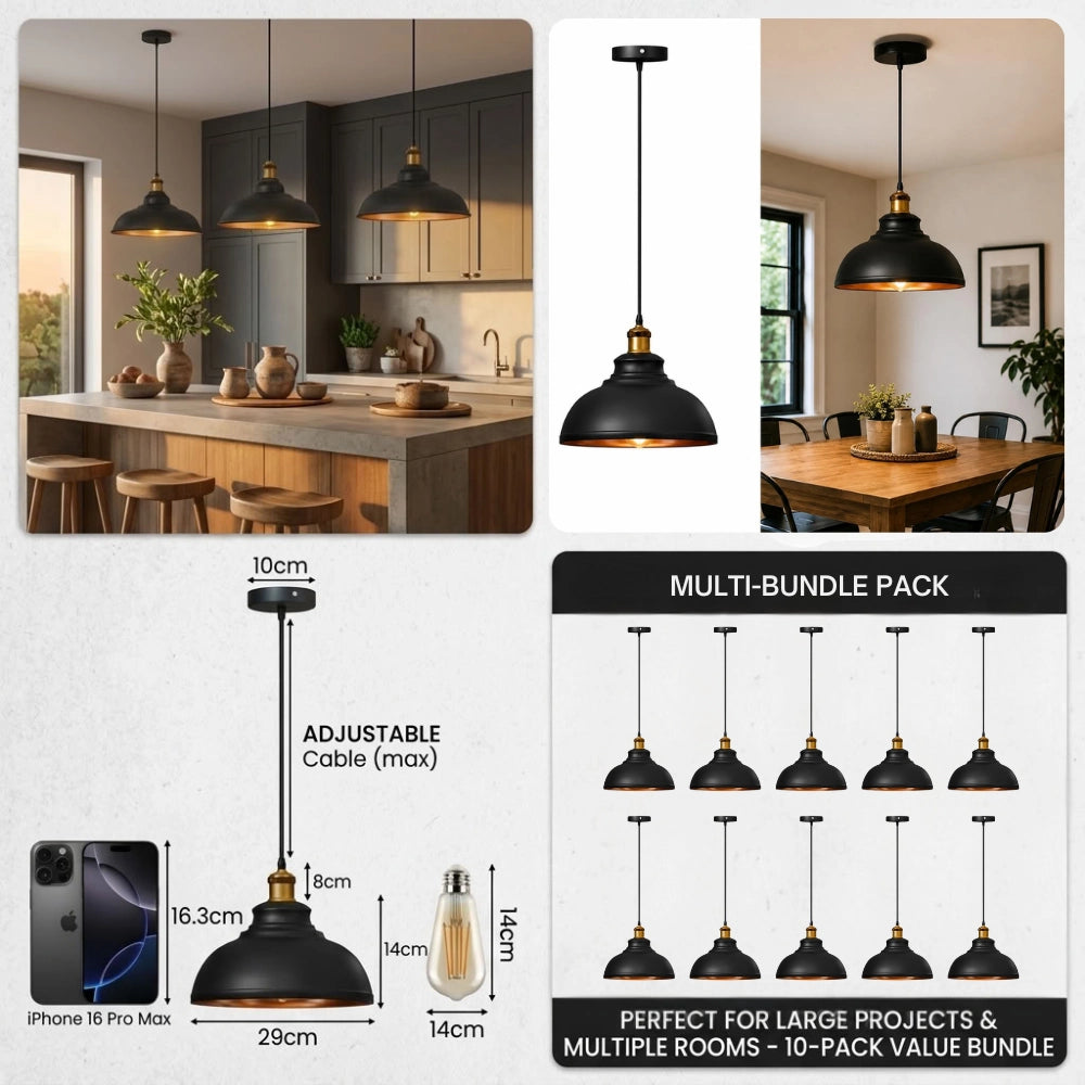 A composite product listing graphic for a multi-pack of black industrial pendant lights with warm gold/brass accents. The collage includes lifestyle photos of the lights installed in a kitchen and dining room, a single light shown in close-up, dimension callouts for the adjustable cord and shade, a phone inset for the cable length, and a 'MULTI-BUNDLE PACK' section showing ten lights.