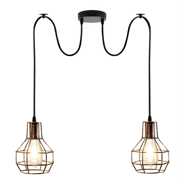 2-lichts zilveren Spider-hanglamp voor binnen - kooiontwerp ~3489 – Geborsteld koper / Met lamp
