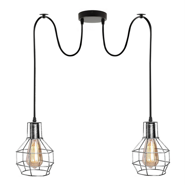 2-lichts zilveren Spider-hanglamp voor binnen - kooiontwerp ~3489 – Geborsteld zilver / Met lamp