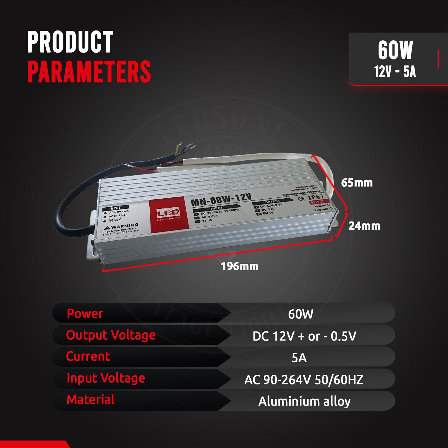 LED power supply with dimensions and specifications on a dark background