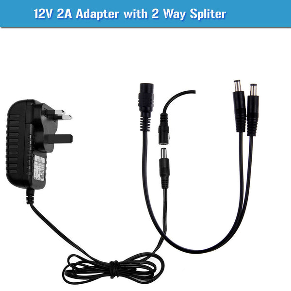12V CCTV-voedingsadapter en 2/4/6/8-splitter 2A PSU-connector ~ 2365 – 12V 2A-adapter + 2-weg splitterkabel