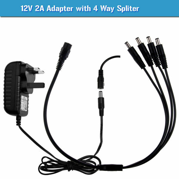 12V CCTV-voedingsadapter en 2/4/6/8-splitter 2A PSU-connector ~ 2365 – 12V 2A-adapter + 4-weg splitterkabel
