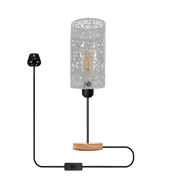 Antieke messing tafellamp met houten voet + aan/uit-schakelaar ~5352 – Wit / Ja