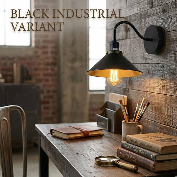 Industriële zwanenhals wandlamp vintage wandlamp ~1196 – Zwart / Met lamp