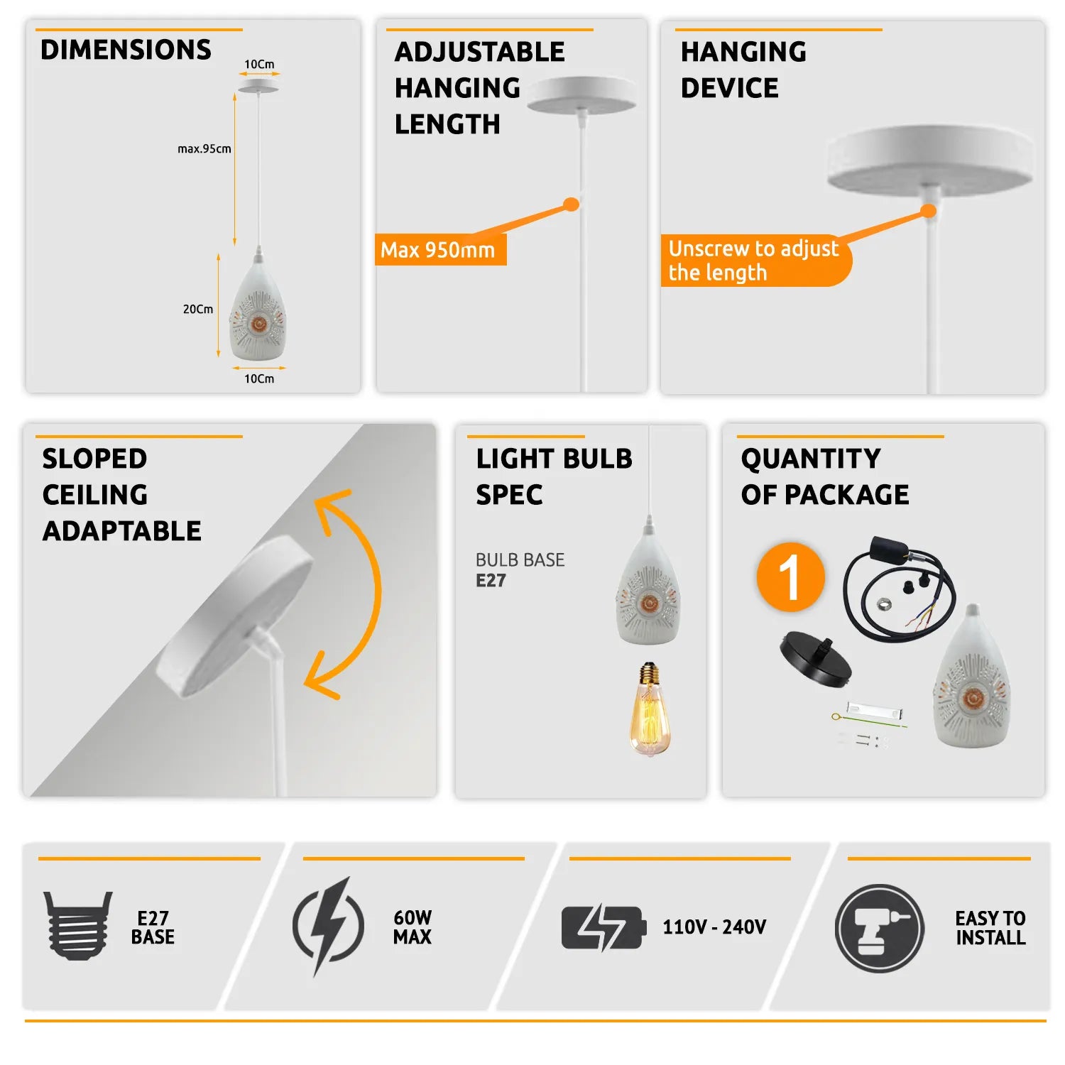 E27 White Metal Ceiling Suspended Pendant Light Hanging Lamp Holder