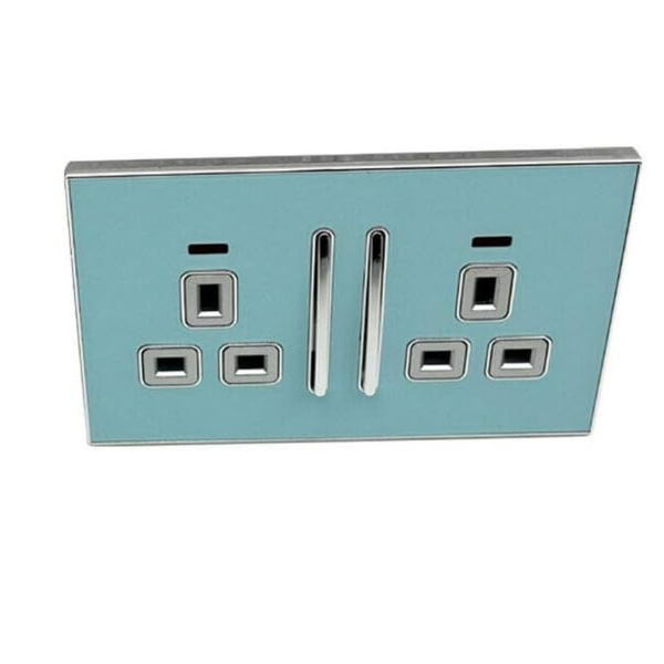 Decoratieve blauwe glanzende hoofdstopcontacten, volledig assortiment satijngouden inzetstukken, VK~2307 – 2 Gang