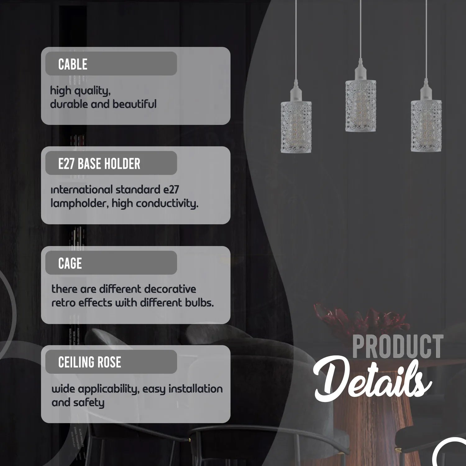 E27 3 Way Industrial Pendant Light Adjustable Hanging Ceiling