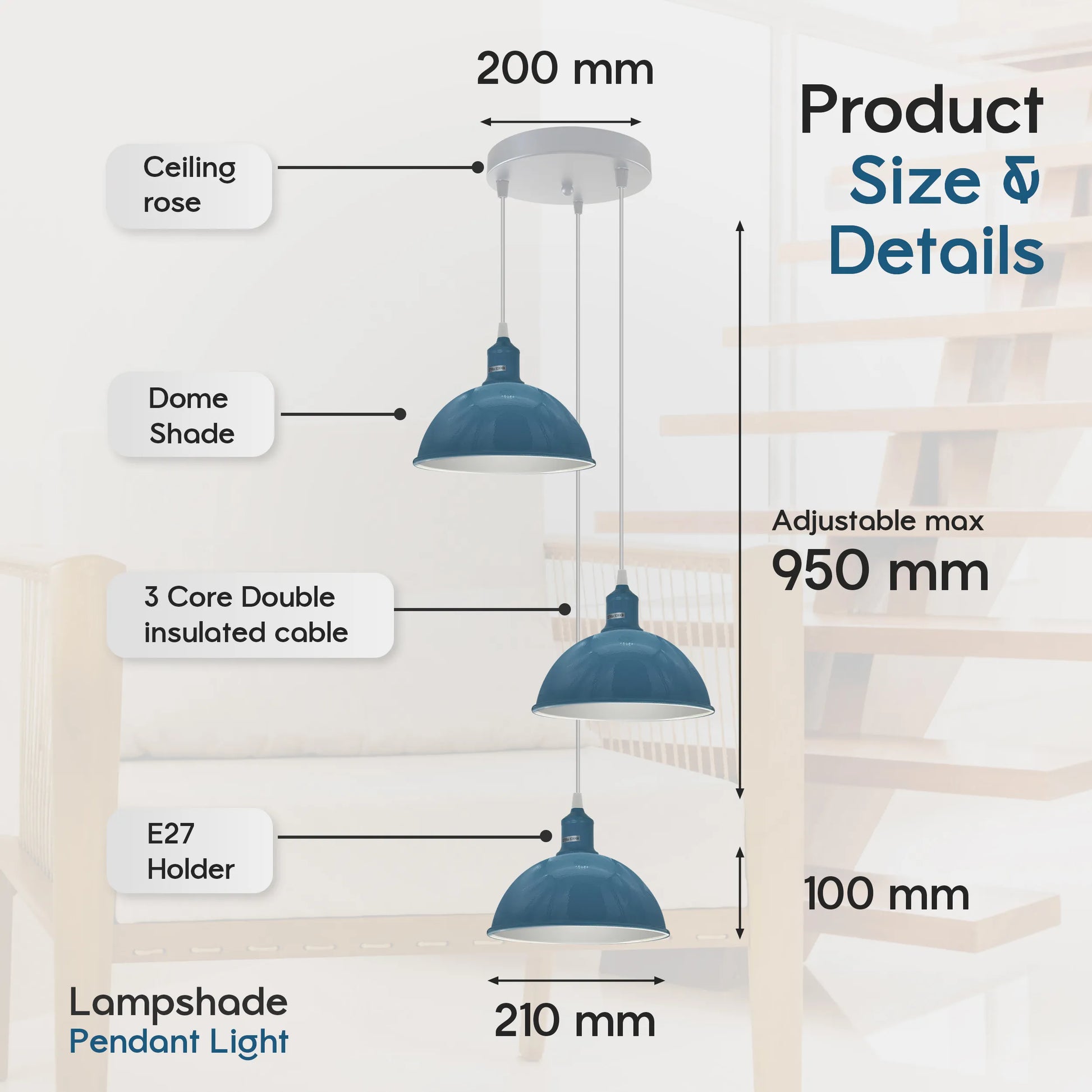 Industrial E27 Round 3 Retro Outlet 21cm Dome Pendant Ceiling Light