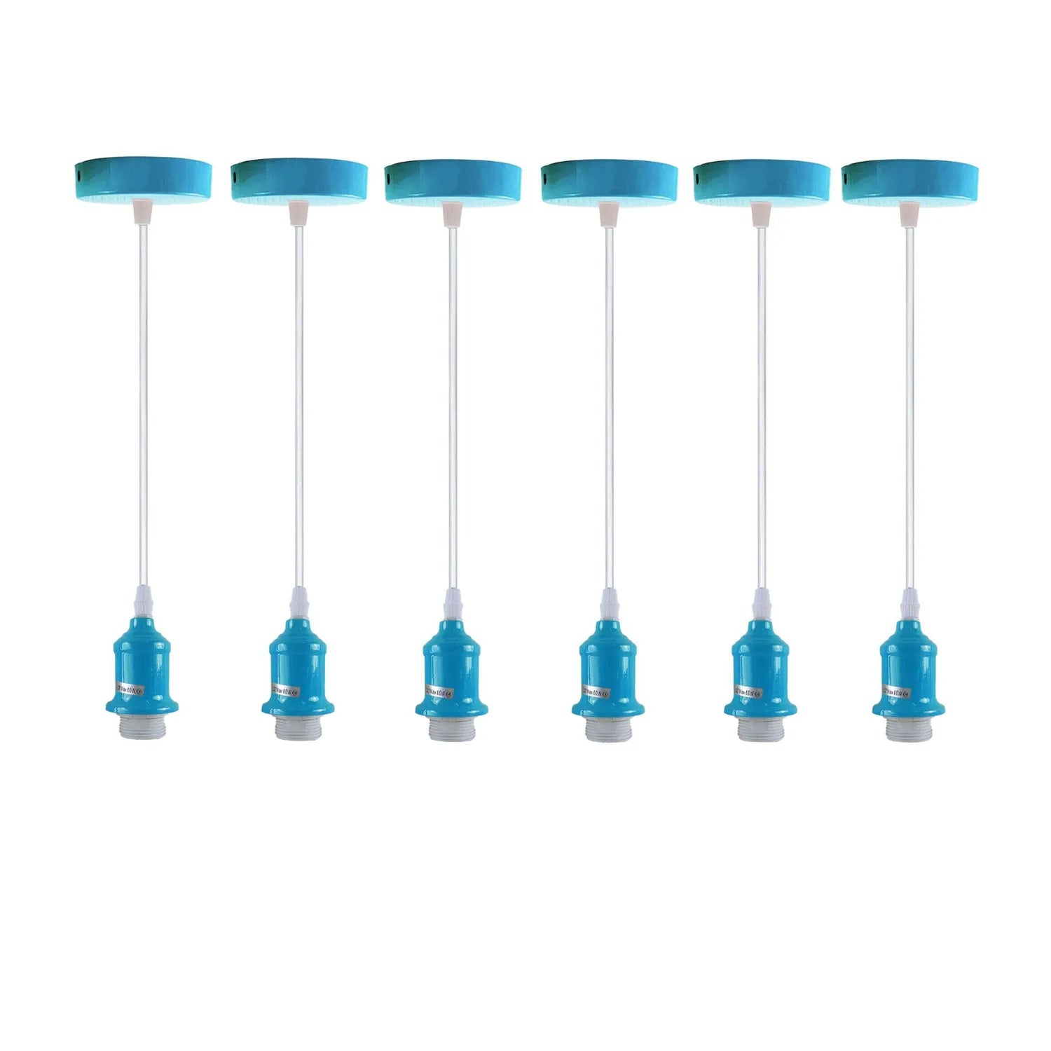 set of six blue pendant light holders with white cables