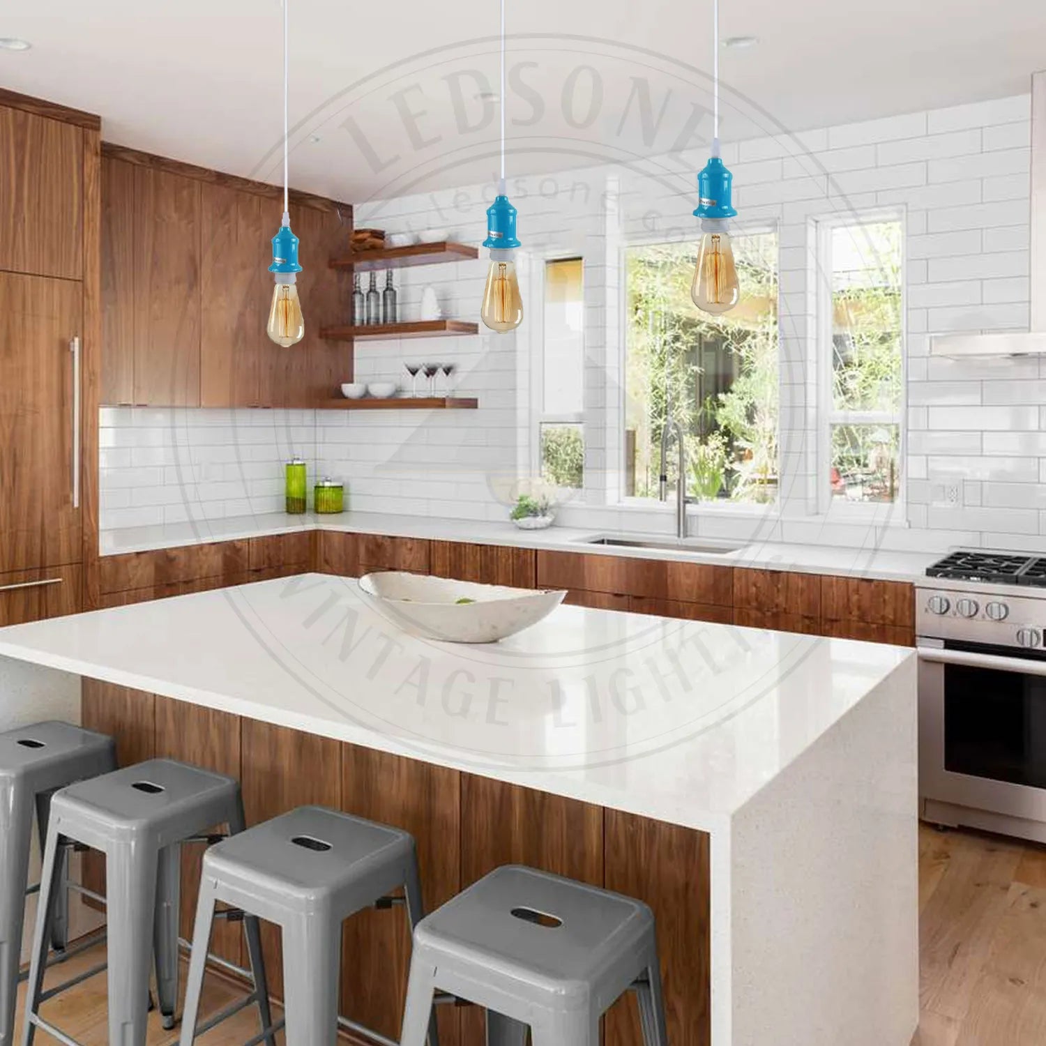 blue pendant light holders with white cables