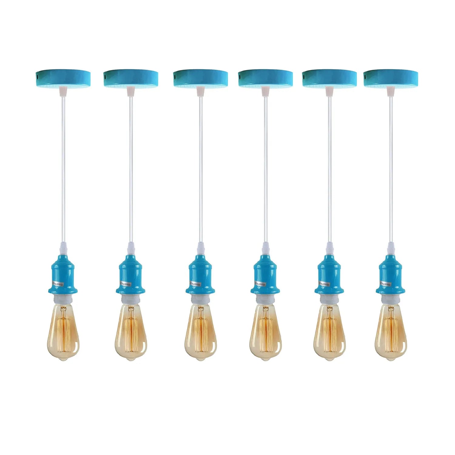 set of six blue pendant light holders with bulbs