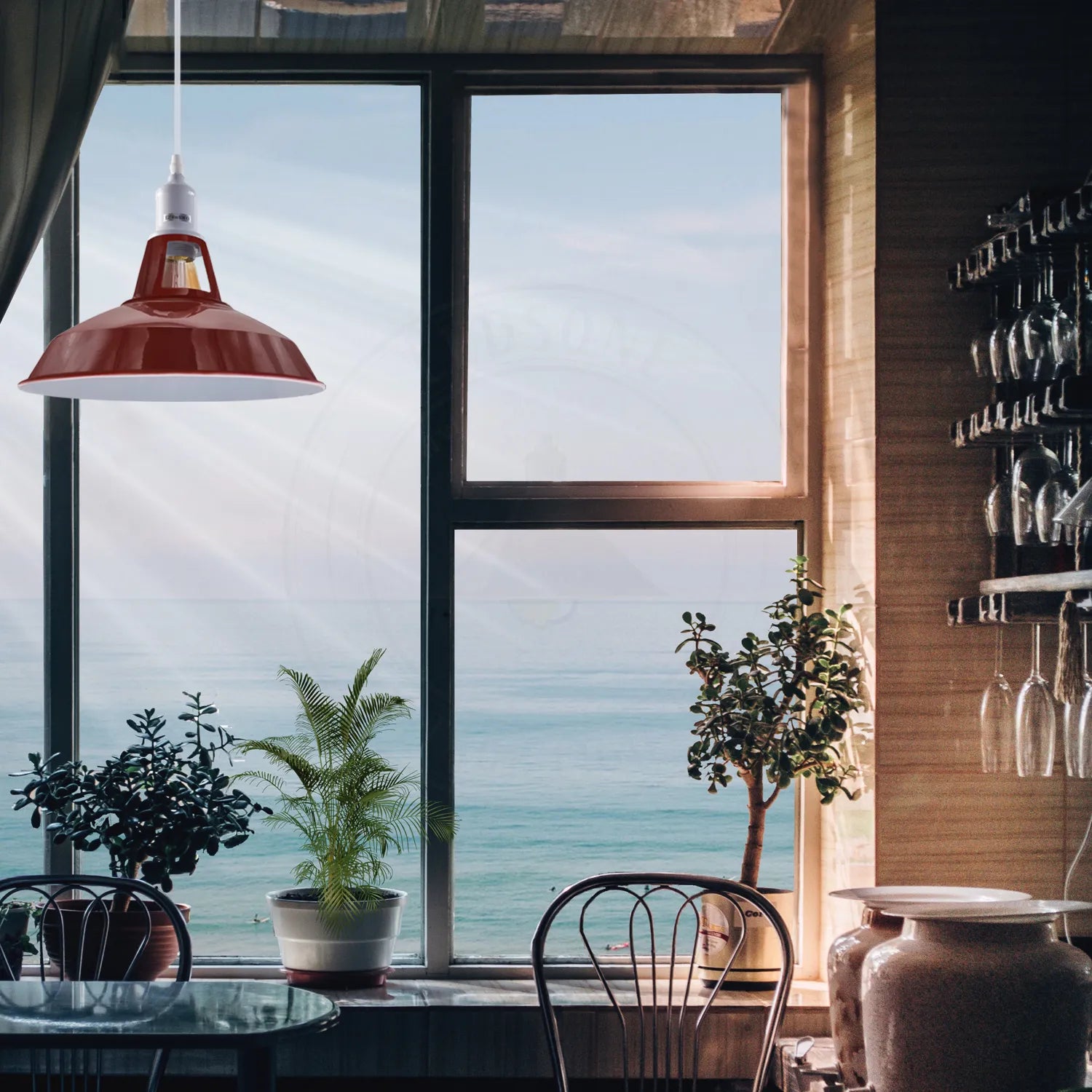 Red and white ceiling-mounted bar pendant light