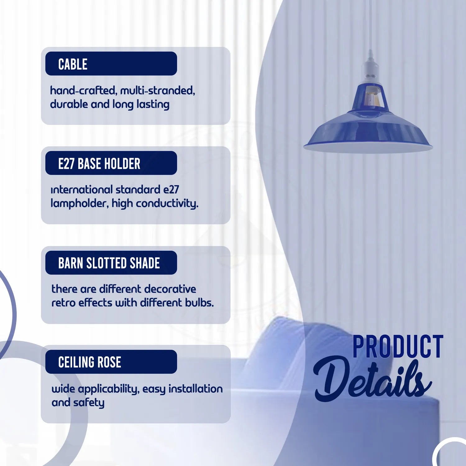 E27 Navy Blue Solid Shade Barn-Slotted Ceiling Pendent Light