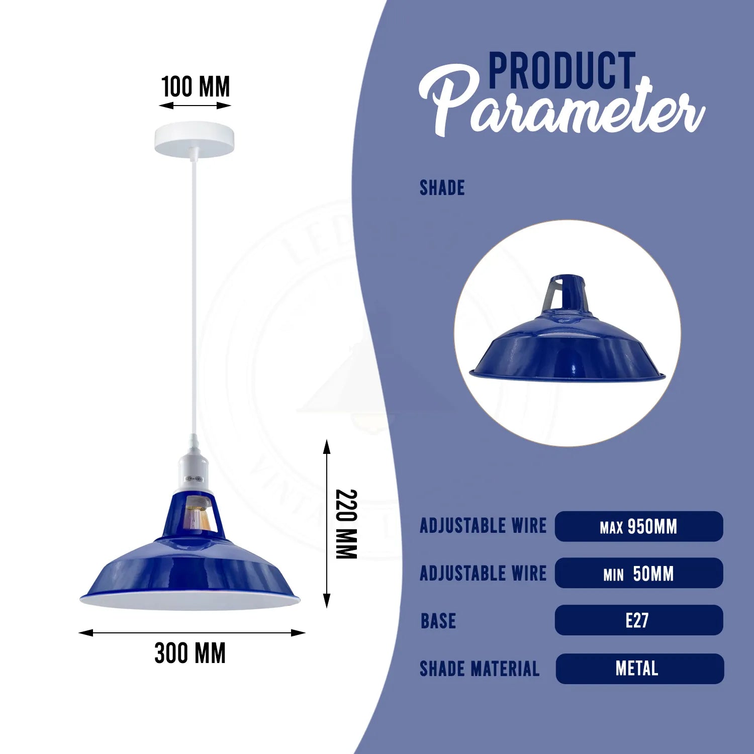 E27 Navy Blue Solid Shade Barn-Slotted Ceiling Pendent Light