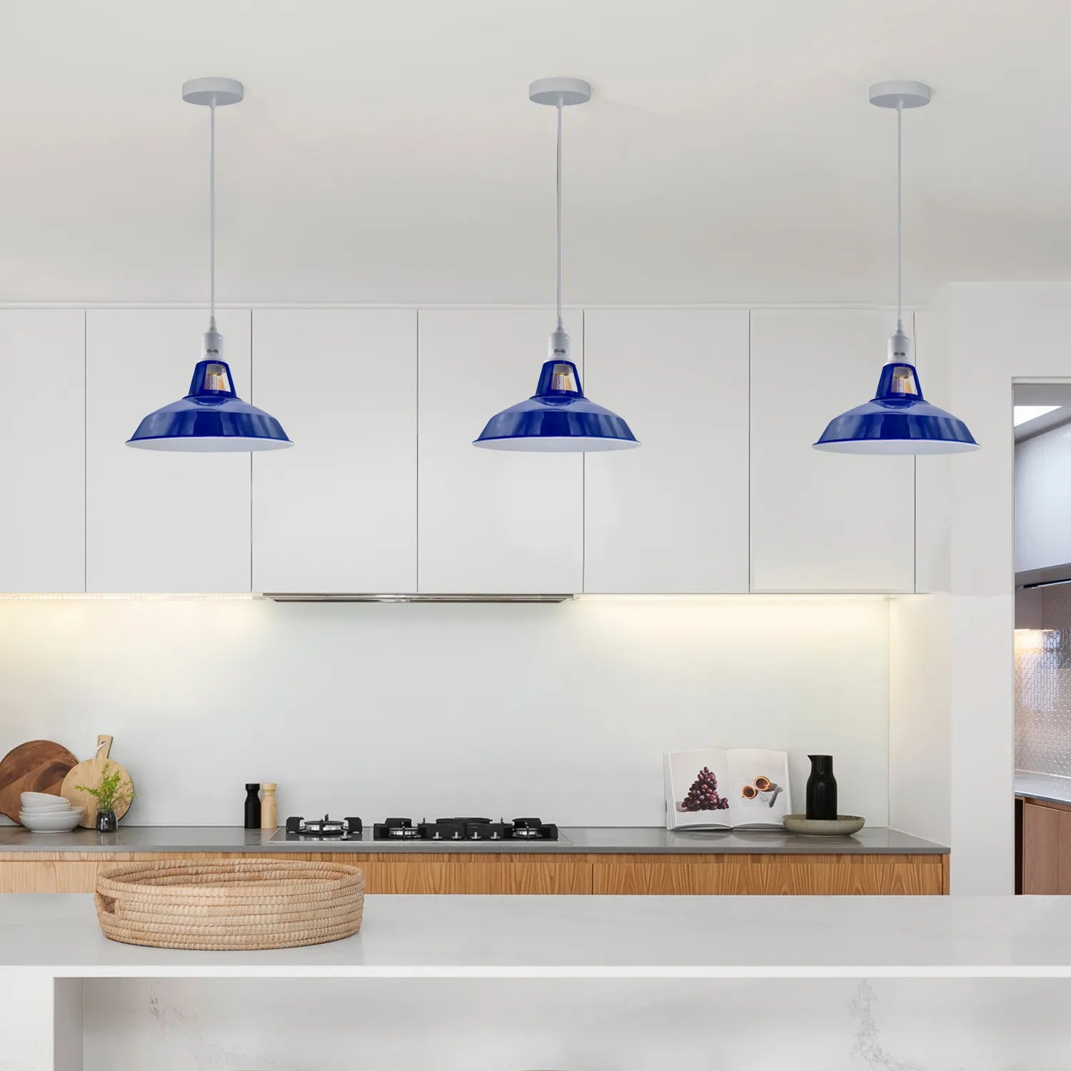 E27 Navy Blue Solid Shade Barn-Slotted Ceiling Pendent Light