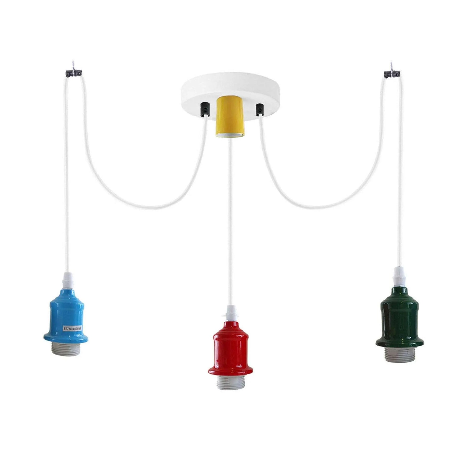 Three pendant ceiling lights with adjustable cables, each in different colors (blue, red, and green) and a central white metal ceiling rose.