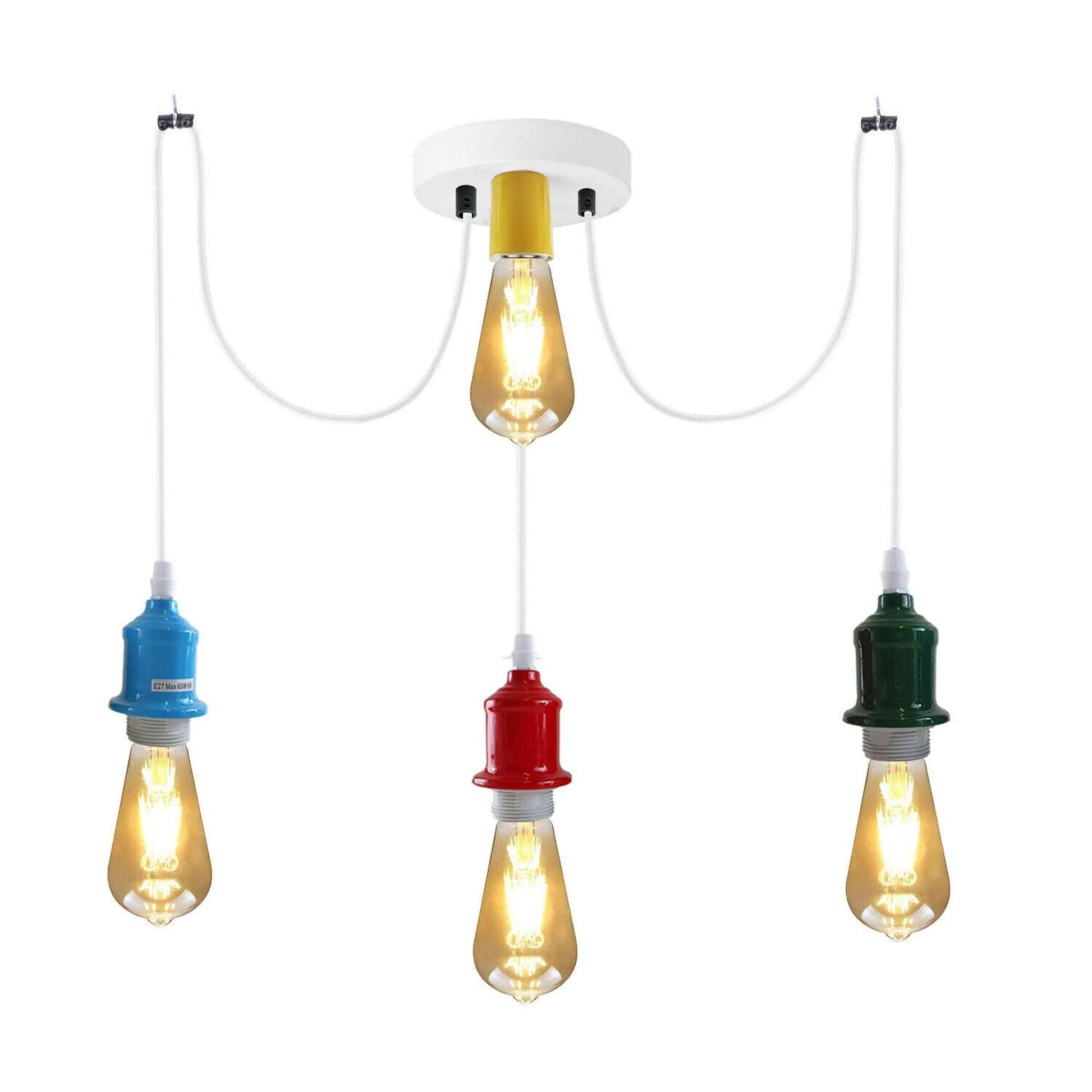 Three pendant ceiling lights with adjustable cables, each in different colors (blue, red, and green) and a central white metal ceiling rose.