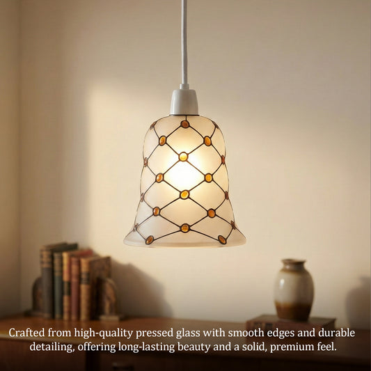 Decorative pendant light with stained glass design on a neutral background