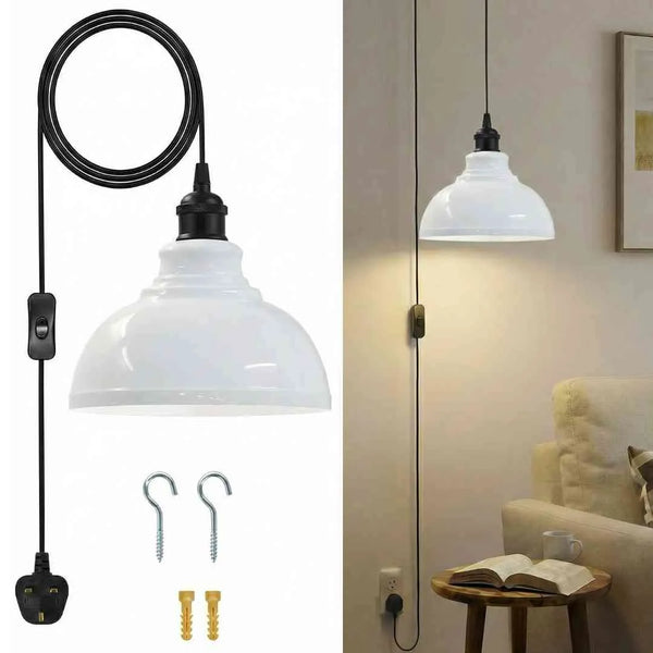 Plug in Swag Pendant Light with Metal Shade On/ Off Switch ~6568 – White
