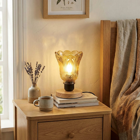 Vintage Glass Table Lamp with Wooden Base E27 ~6684