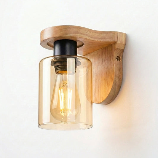 Wooden Wall Light E27 Amber Glass Sconce Indoor Vintage Lamp ~6776