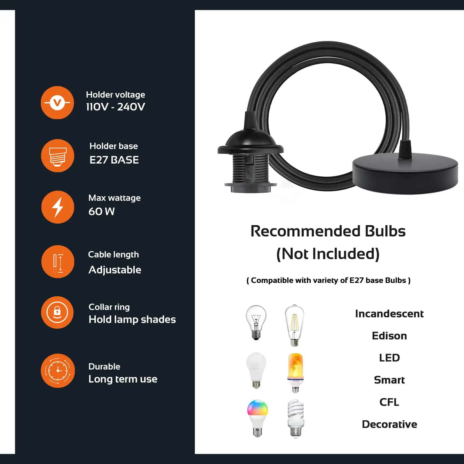 E27 Base, Adjustable, Metal Hanging Lamp Features