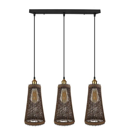 3-koppige rotan plafondlamp, 95 cm, hangkoord, 3 inch, E27-schroeflampenkap, ~4193