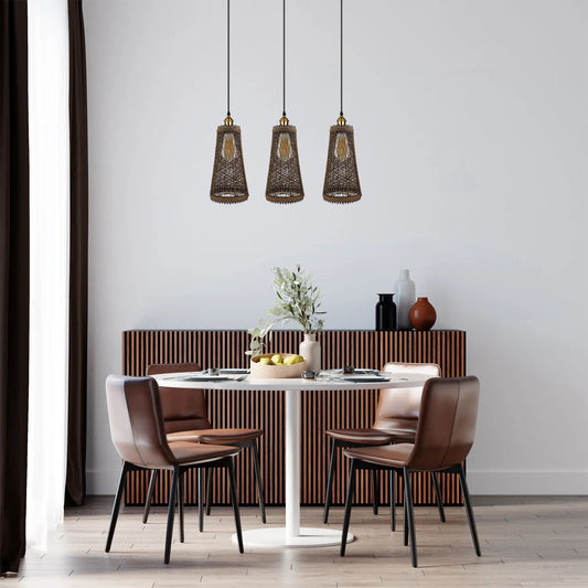 3-koppige rotan plafondlamp, 95 cm, hangkoord, 3 inch, E27-schroeflampenkap, ~4193
