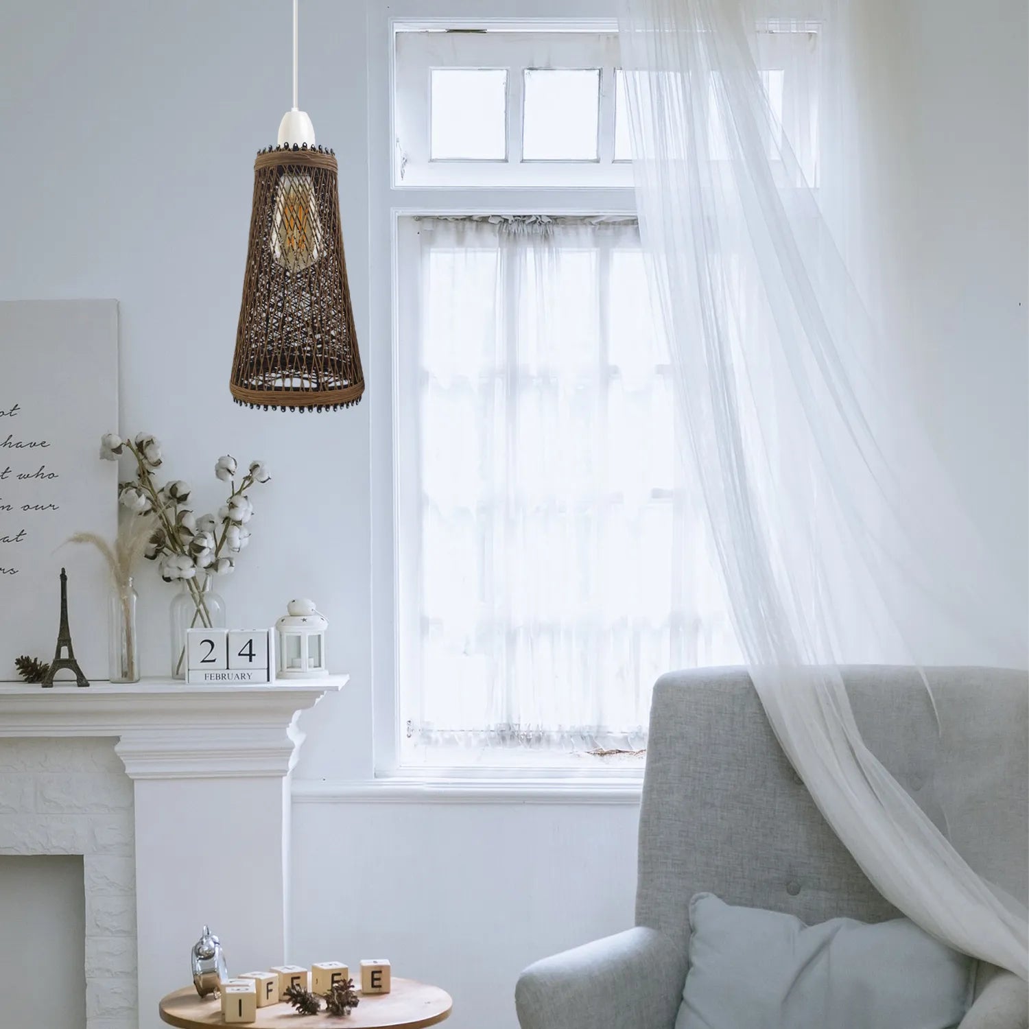 Wicker Vintage Rattan Lampshade E27 Barrel Light Shades 