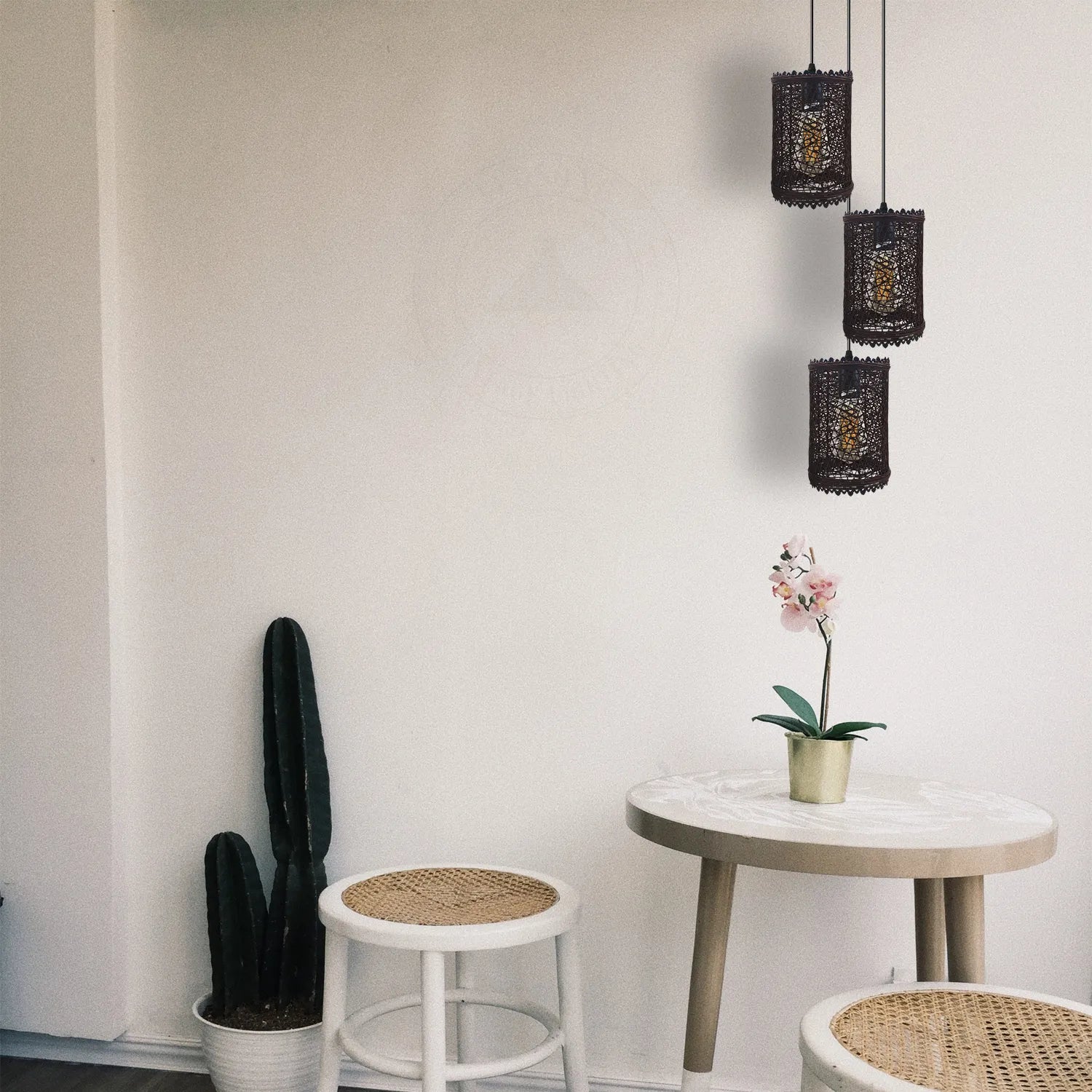 Three black rattan ceiling pendant shades 