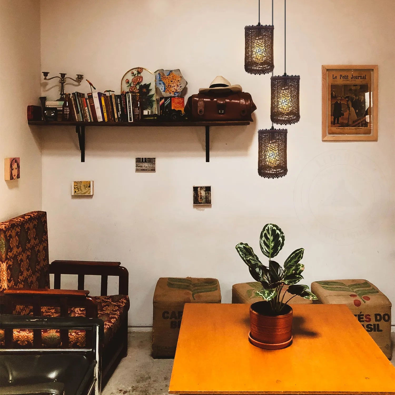 Three black rattan ceiling pendant shades 