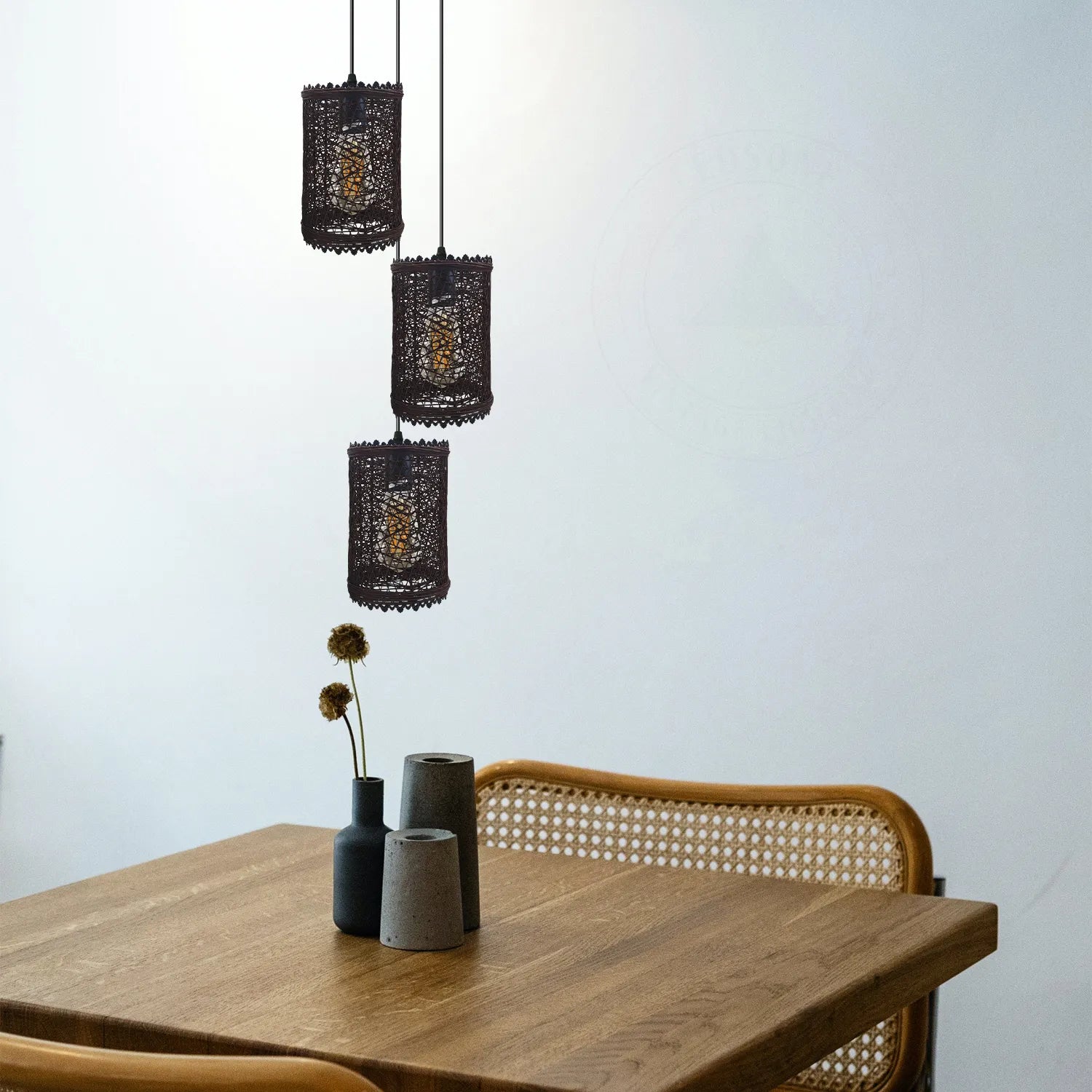 Three black rattan ceiling pendant shades 