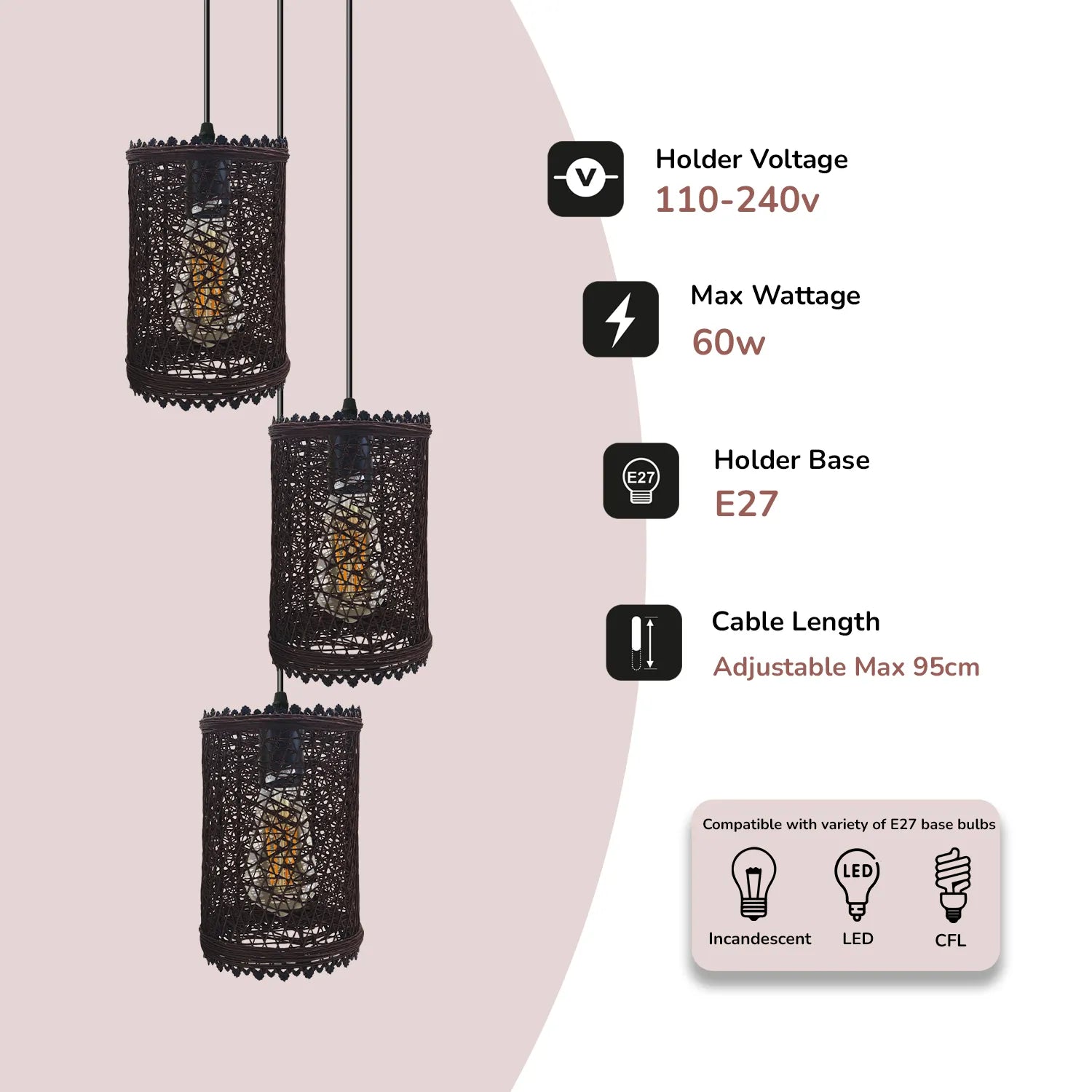 Three black rattan ceiling pendant shades 