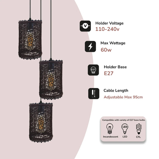 Three black rattan ceiling pendant shades 