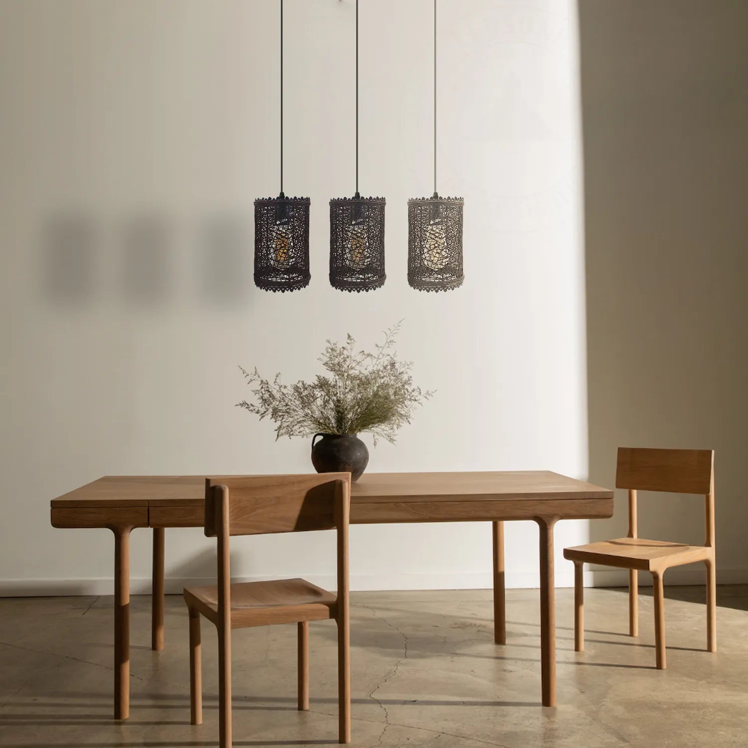 Three black rattan ceiling pendant shades 