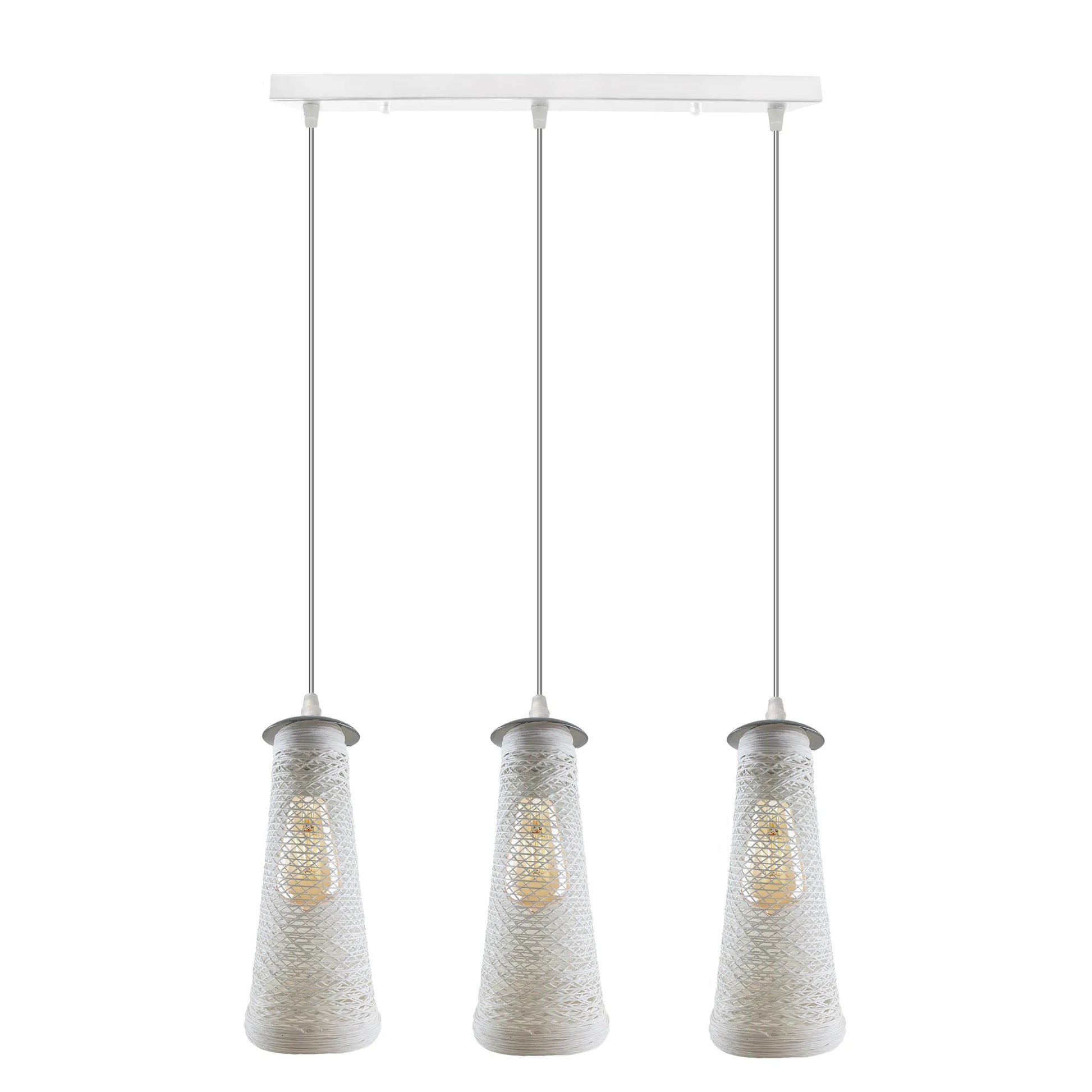Three rectangular white woven twine shade ceiling pendant lights 
