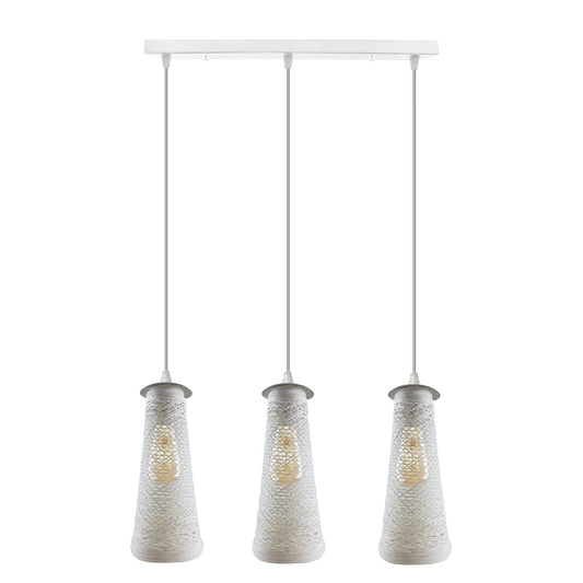 Three rectangular white woven twine shade ceiling pendant lights 