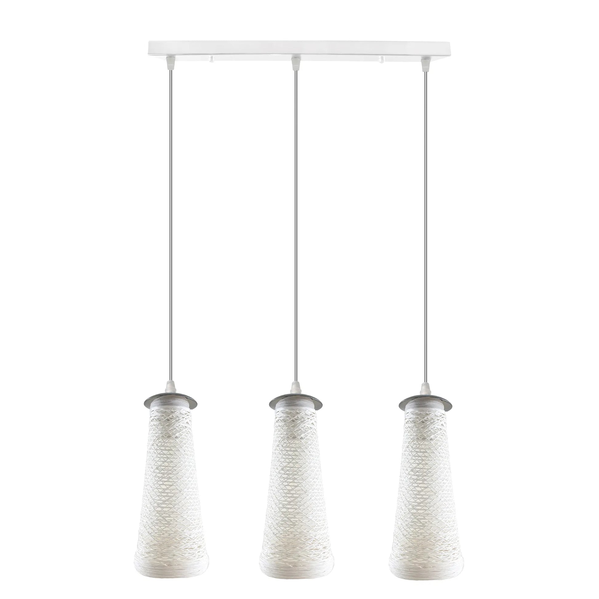 Three rectangular white woven twine shade ceiling pendant lights 
