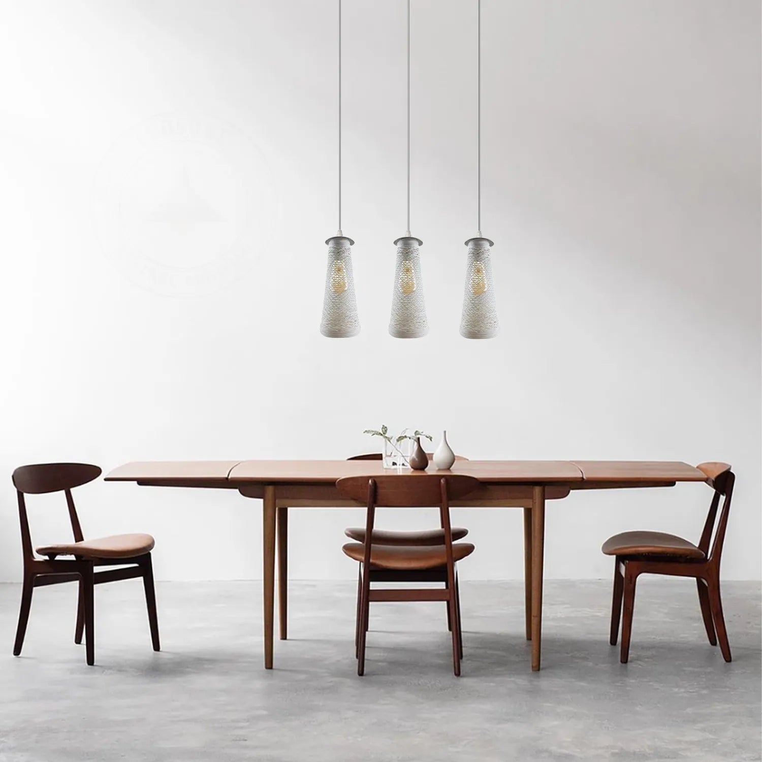 Three rectangular white woven twine shade ceiling pendant lights 