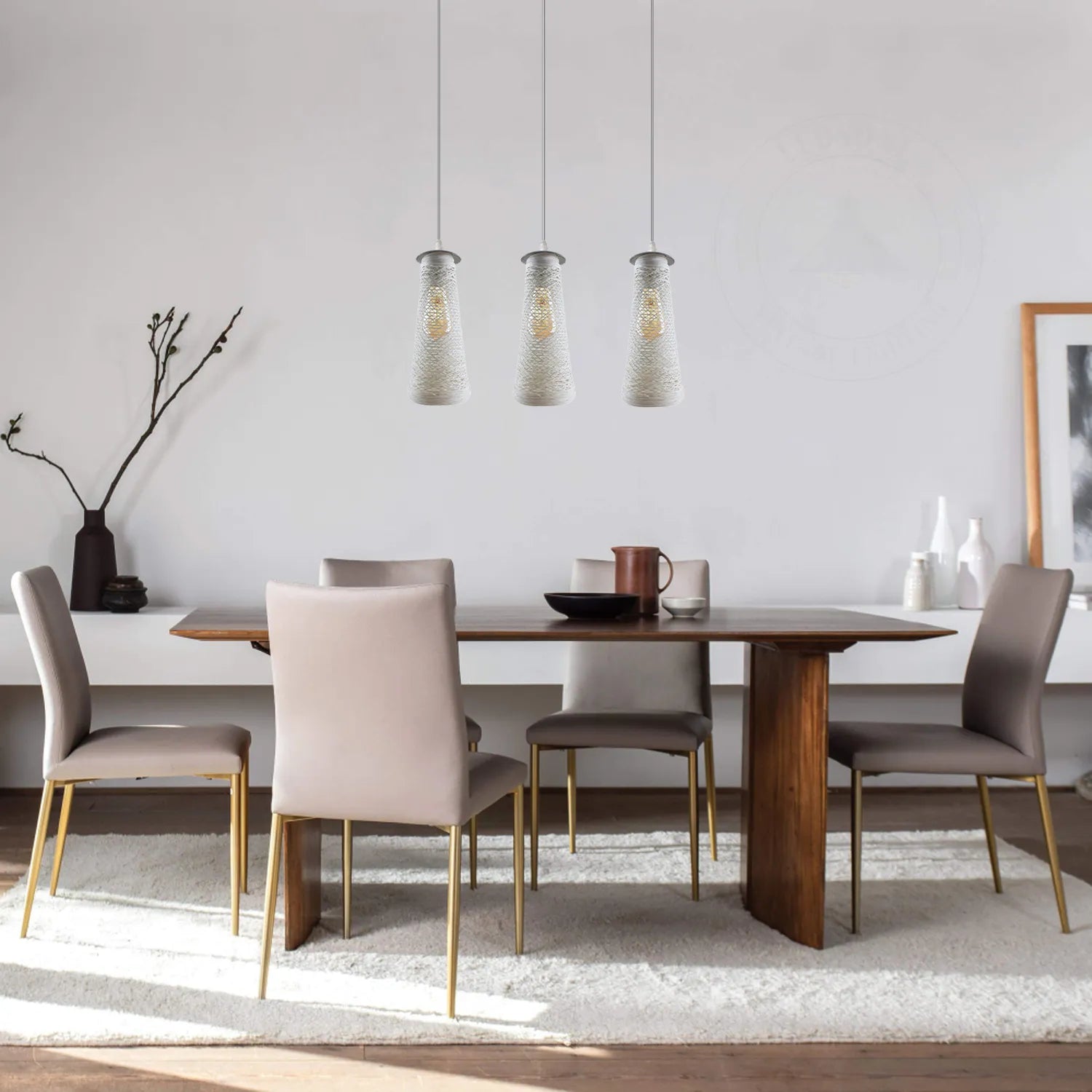 Three rectangular white woven twine shade ceiling pendant lights 