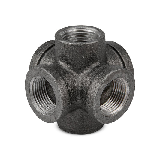 LEDSone industriële vintage 6-weg pijpfitting, smeedbaar gietijzer, zwarte uitlaat ~ 1835