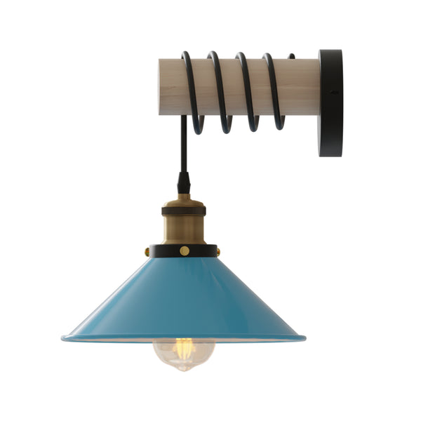 Moderne gecombineerde kroonluchter met massief houten arm en metalen kegelvormige wandlamp~3471 – Blauw
