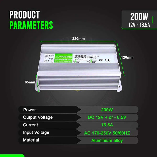IP67 DC 12V waterdichte LED-driver LED-voeding Ledsone-transformator ~ 4490 – 200W (3 UIT)