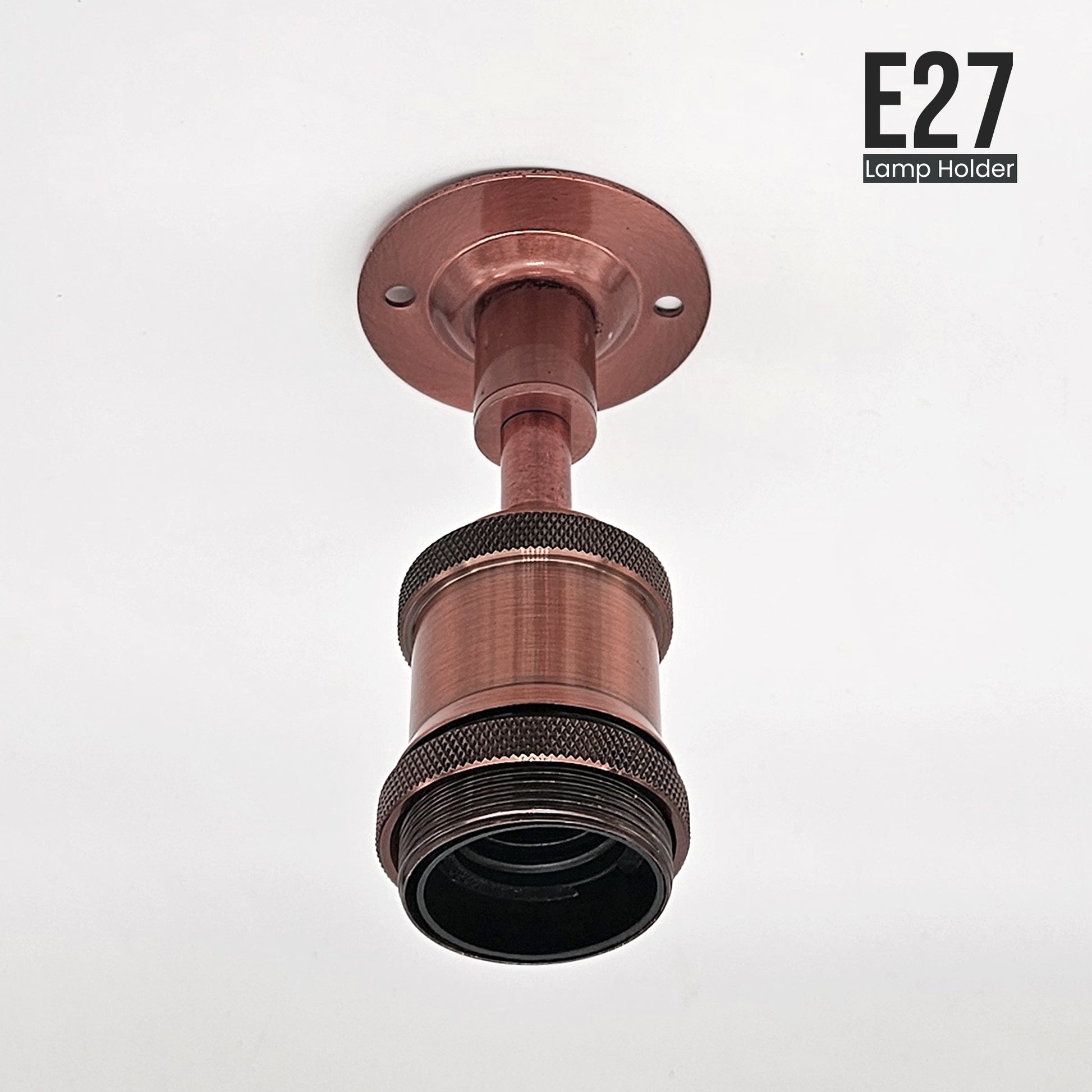 A ceiling-mounted E27 lamp holder in copper color