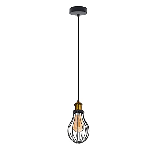 Vintage Wire Cage Pendant Light | Adjustable E27 Lamp ~6587 – Black / No
