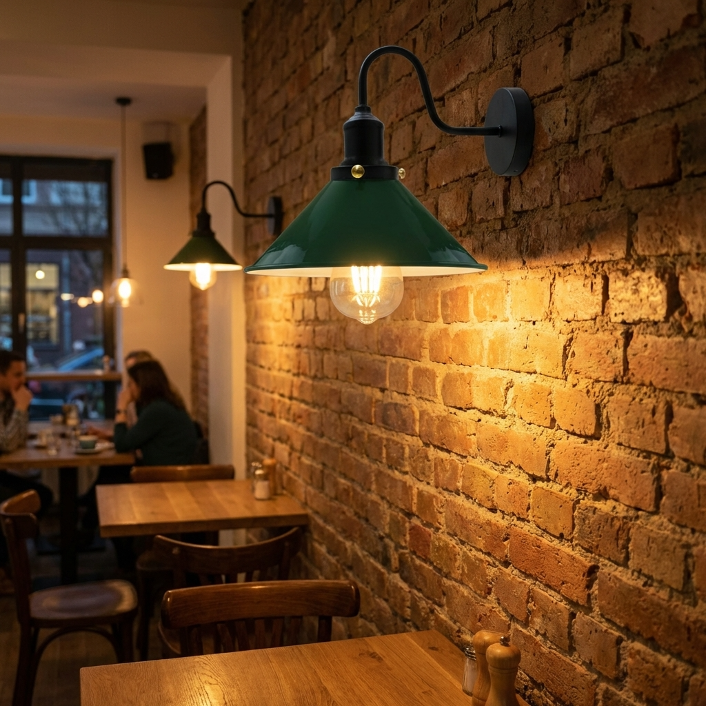 Restaurant interior with wooden tables, chairs, and a brick wall with a green lamp.