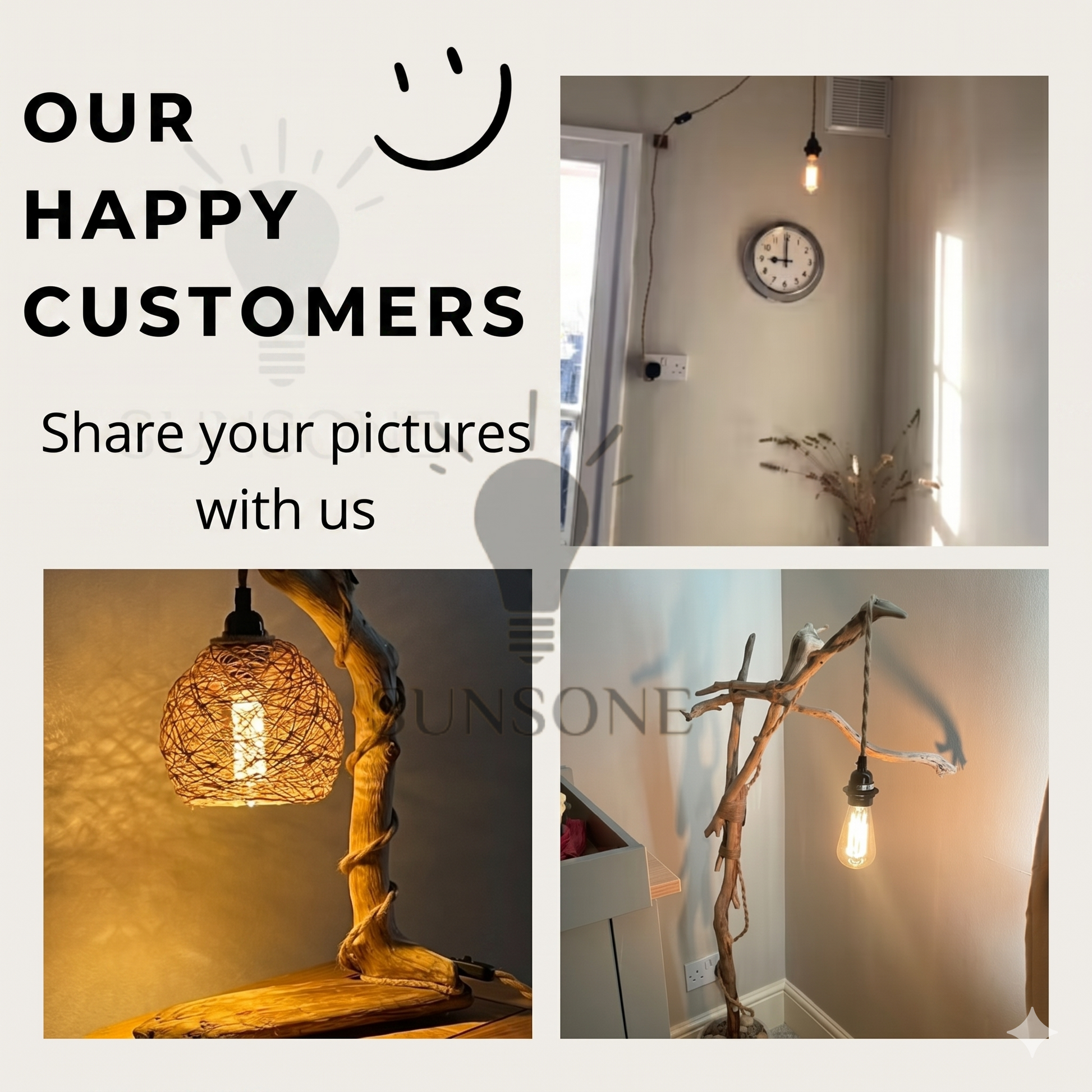 Collage of interior design images with a call to share customer photos, featuring a clock, lamp, and decorative light fixture.