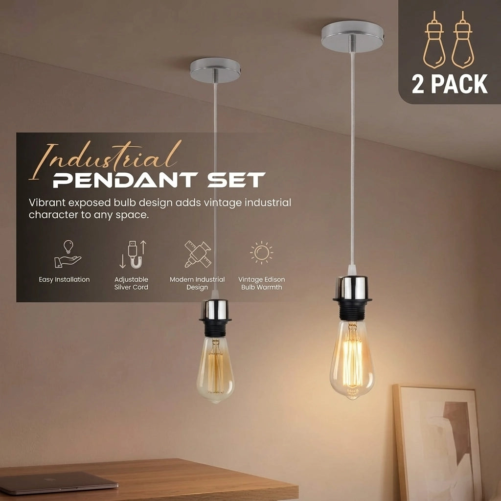 Two-pack of industrial pendant light fixtures with clear glass bulbs and silver metal sockets, shown hanging in a warm-toned room setting with promotional text overlays.